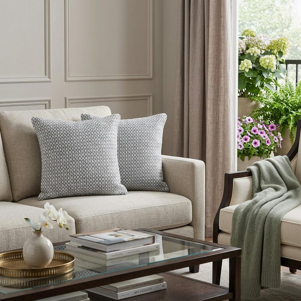 Set of Two Gray Chevron Cotton Throw Pillow in a home interior