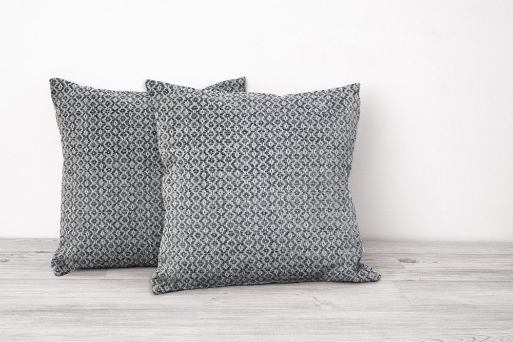 Set of Two Gray and White Geometric Cotton Throw Pillow on a white background