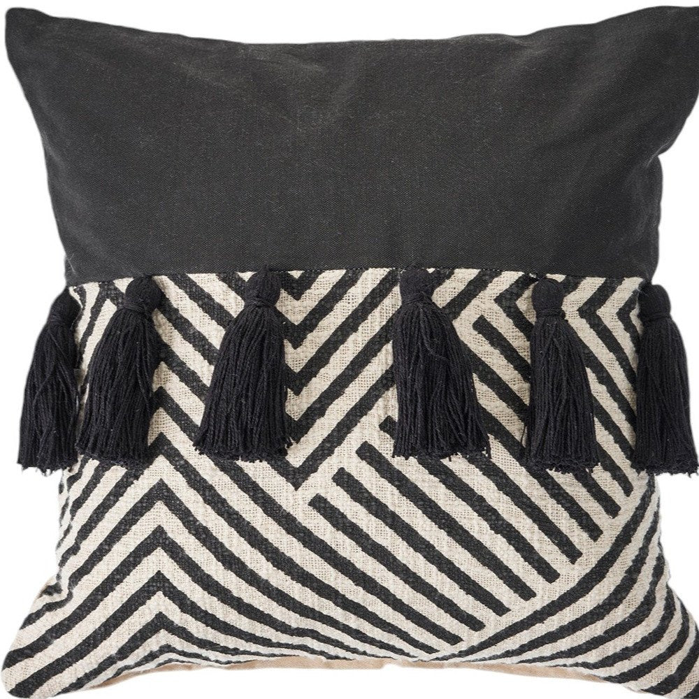 Set of Two Black and White Chevron Cotton Throw Pillow With Tassels close-up detail
