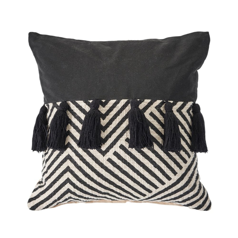 Set of Two Black and White Chevron Cotton Throw Pillow With Tassels on a white background
