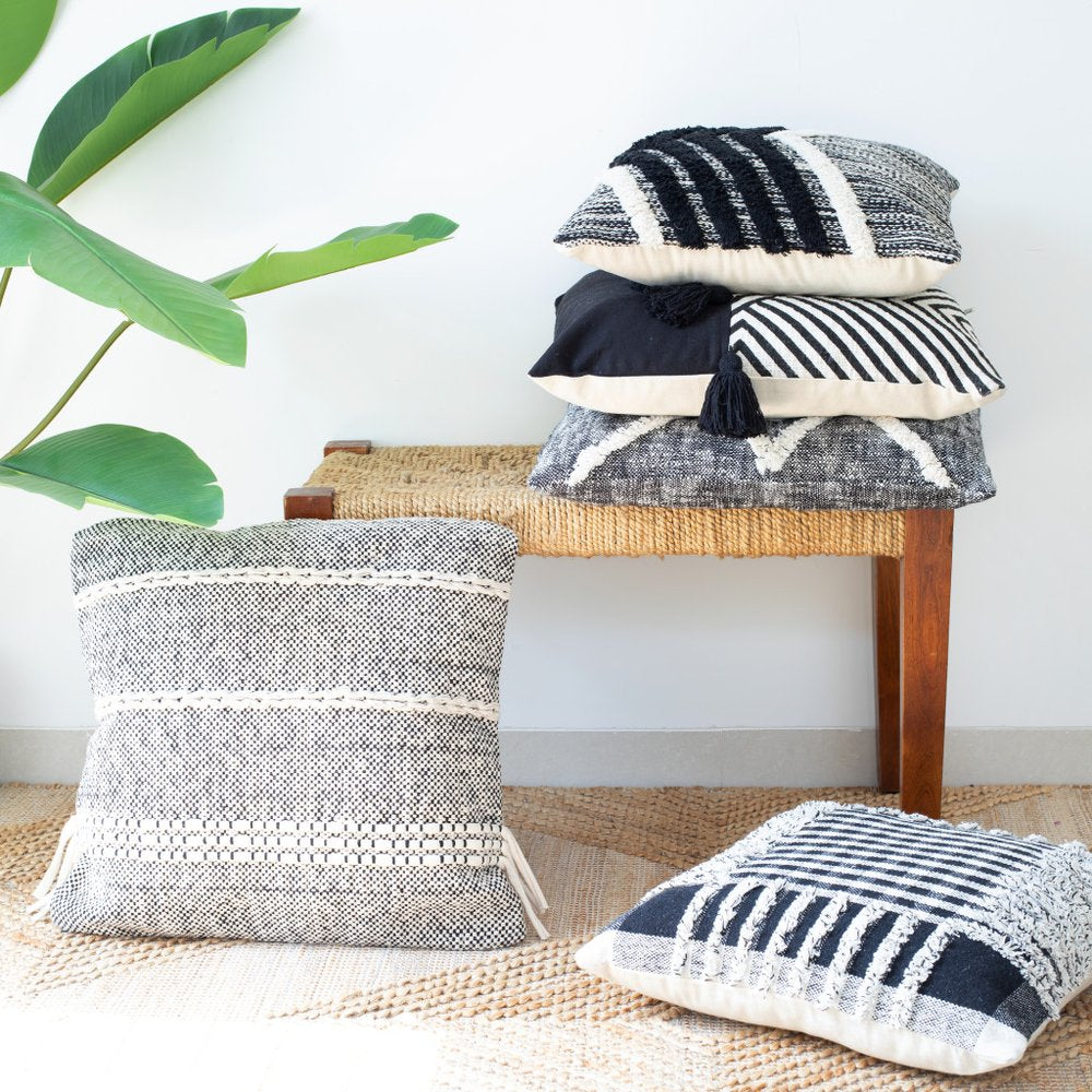 Set of Two Black and White Chevron Cotton Throw Pillow With Tassels on a white background