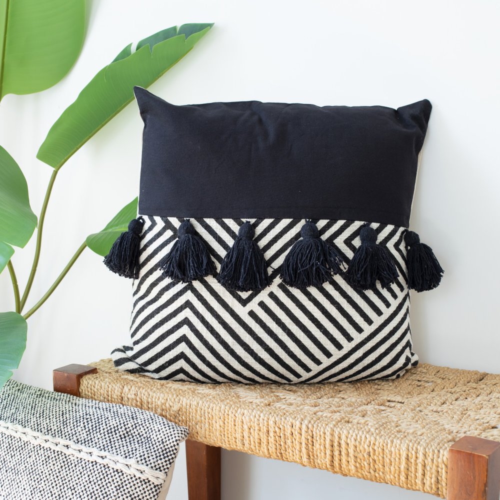 Set of Two Black and White Chevron Cotton Throw Pillow With Tassels on a white background