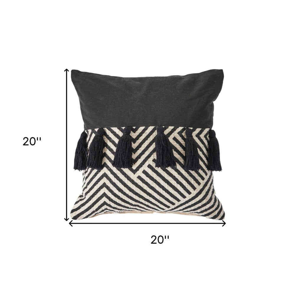 Set of Two Black and White Chevron Cotton Throw Pillow With Tassels on a white background
