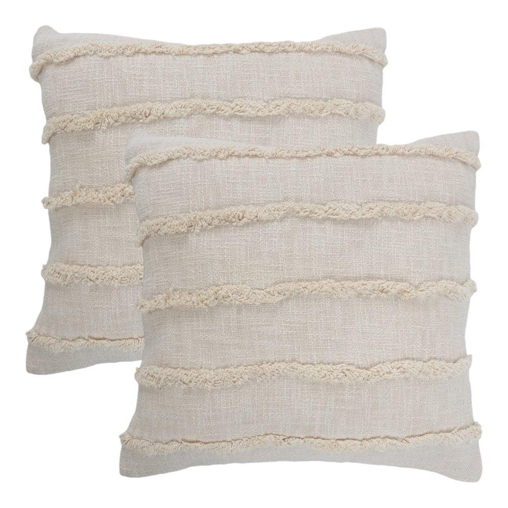 Set of Two Beige Ribbed Cotton Throw Pillow With Fringe on a white background