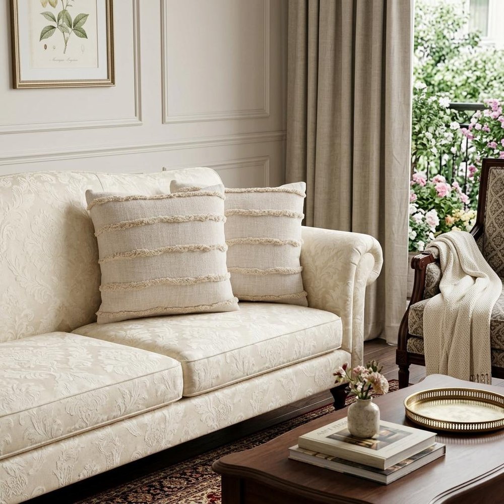 Set of Two Beige Ribbed Cotton Throw Pillow With Fringe in a home interior