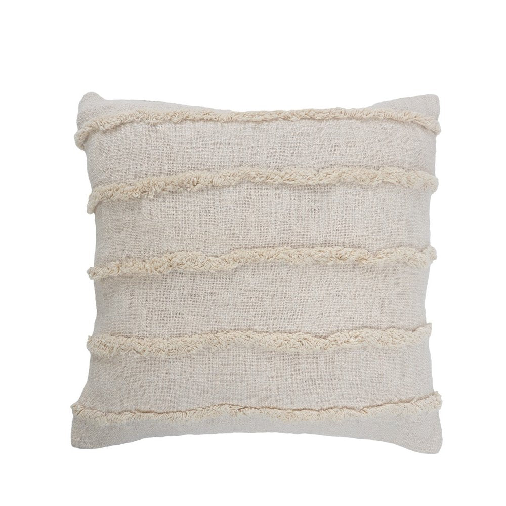 Set of Two Beige Ribbed Cotton Throw Pillow With Fringe on a white background