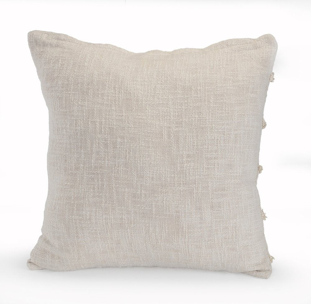 Set of Two Beige Ribbed Cotton Throw Pillow With Fringe on a white background