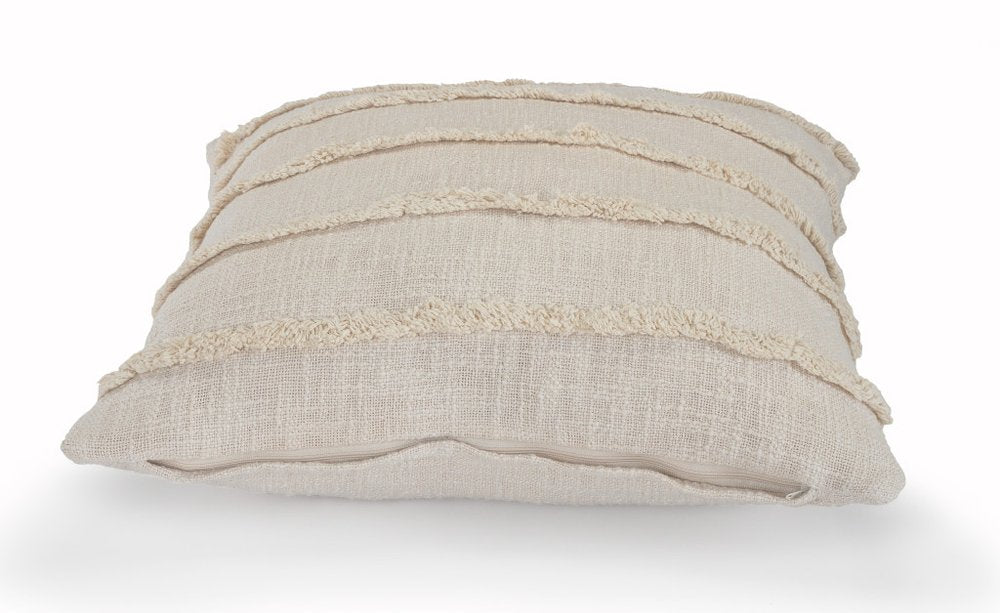 Set of Two Beige Ribbed Cotton Throw Pillow With Fringe on a white background