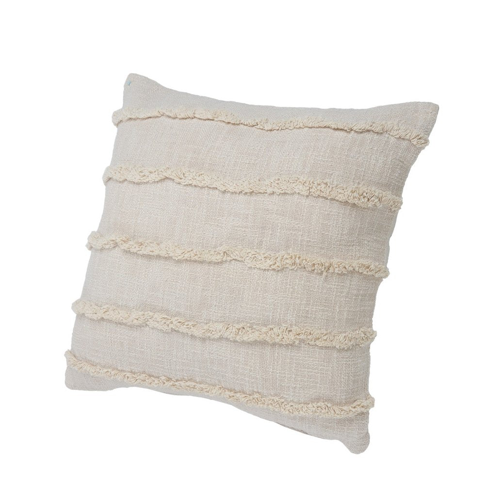 Set of Two Beige Ribbed Cotton Throw Pillow With Fringe on a white background