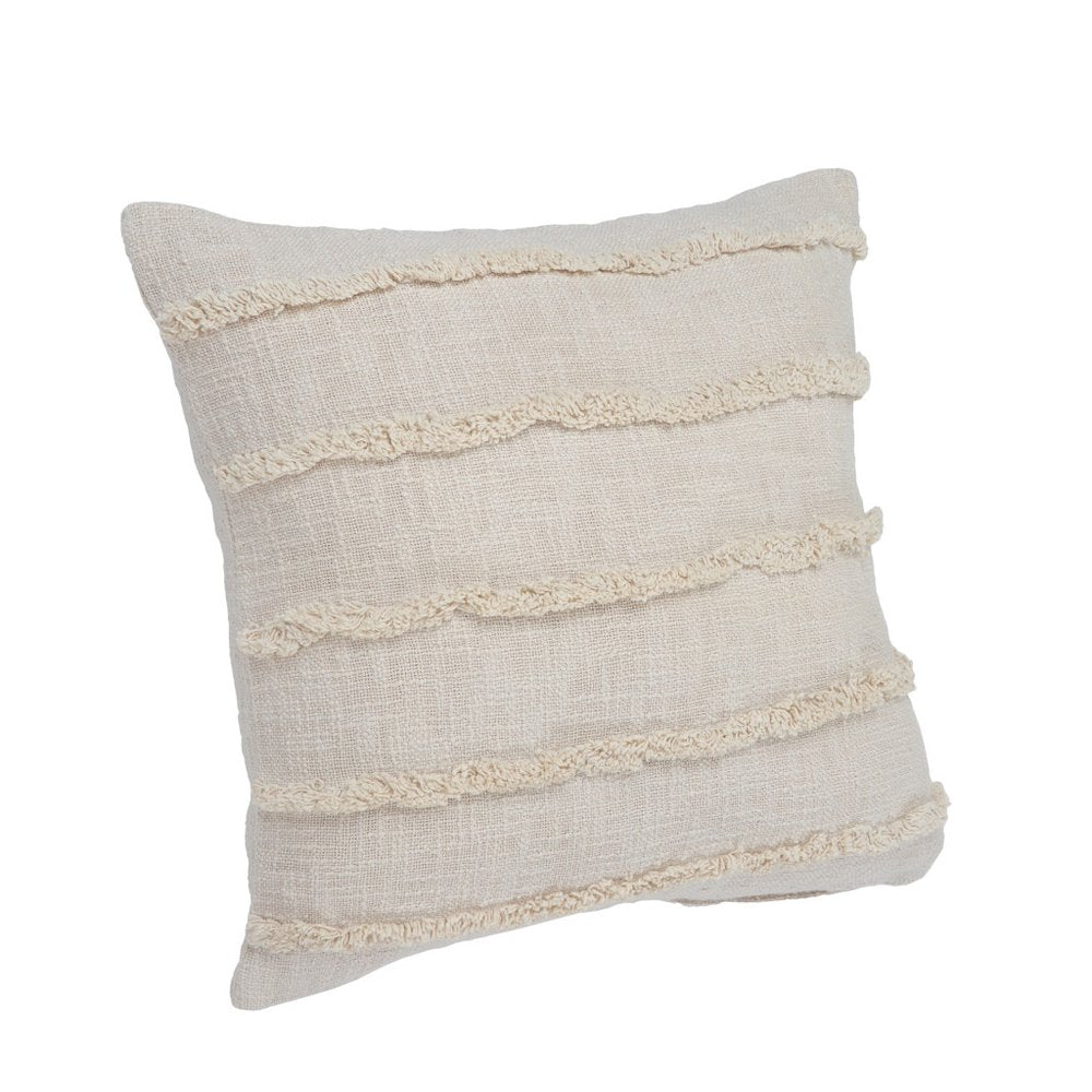 Set of Two Beige Ribbed Cotton Throw Pillow With Fringe on a white background