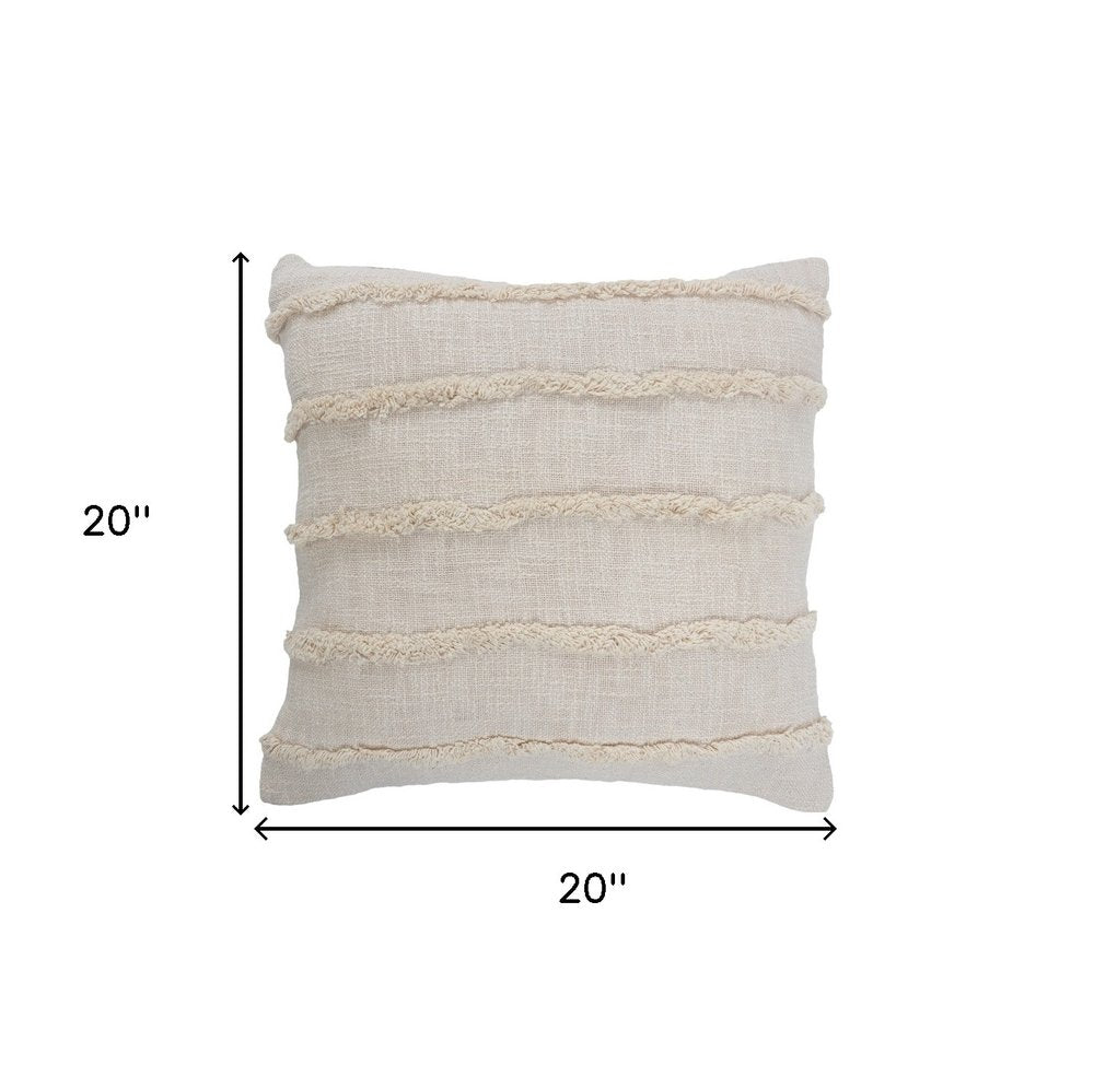 Set of Two Beige Ribbed Cotton Throw Pillow With Fringe on a white background