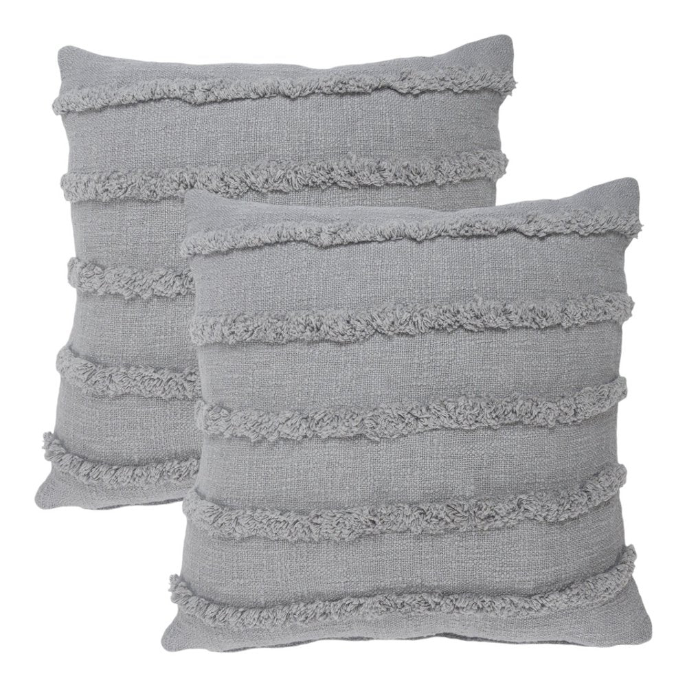Set of Two Gray Ribbed Cotton Throw Pillow With Fringe on a white background