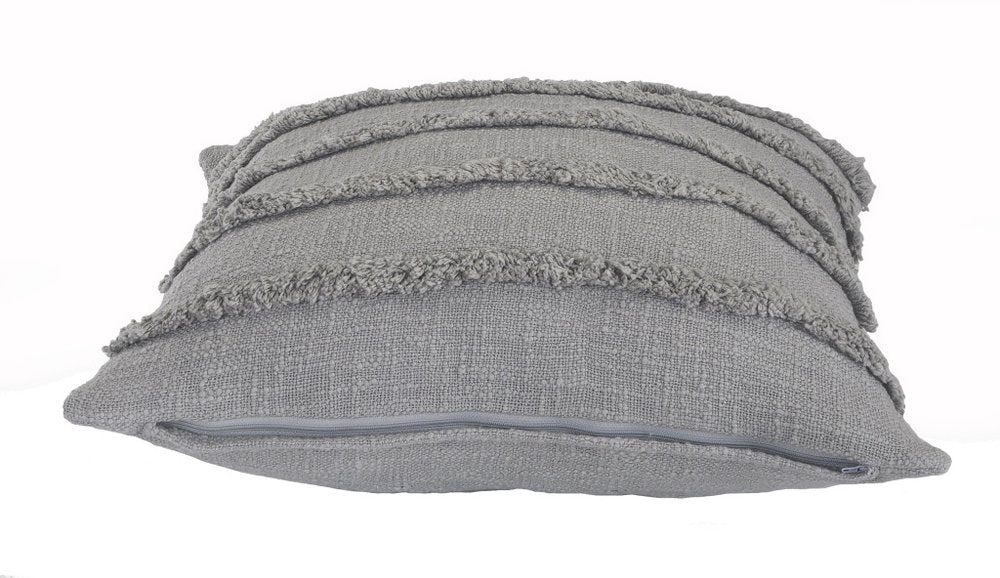 Set of Two Gray Ribbed Cotton Throw Pillow With Fringe on a white background