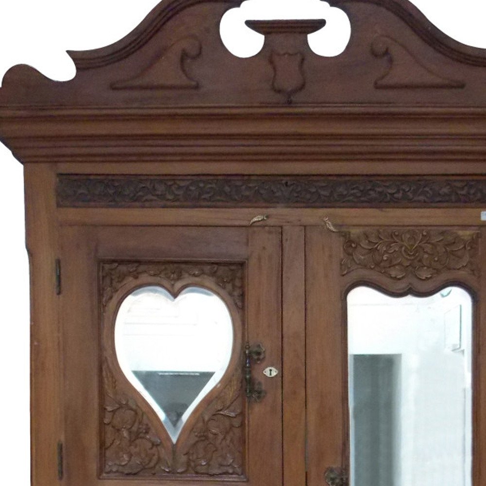 53" Brown Reclaimed Wood Carved Scrollwork Accent Cabinet With Two Doors And Four Drawers