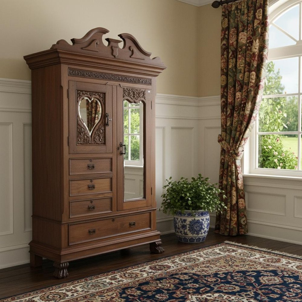53" Brown Reclaimed Wood Carved Scrollwork Accent Cabinet With Two Doors And Four Drawers