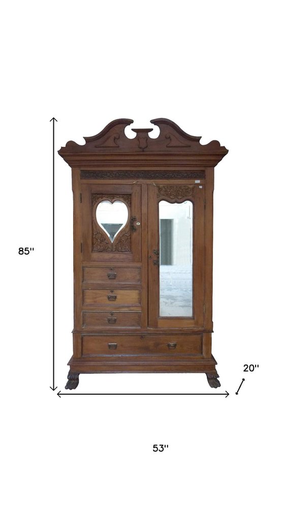 53" Brown Reclaimed Wood Carved Scrollwork Accent Cabinet With Two Doors And Four Drawers
