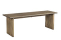 A brown solid wood dining bench with a simple, modern design against a white background.
