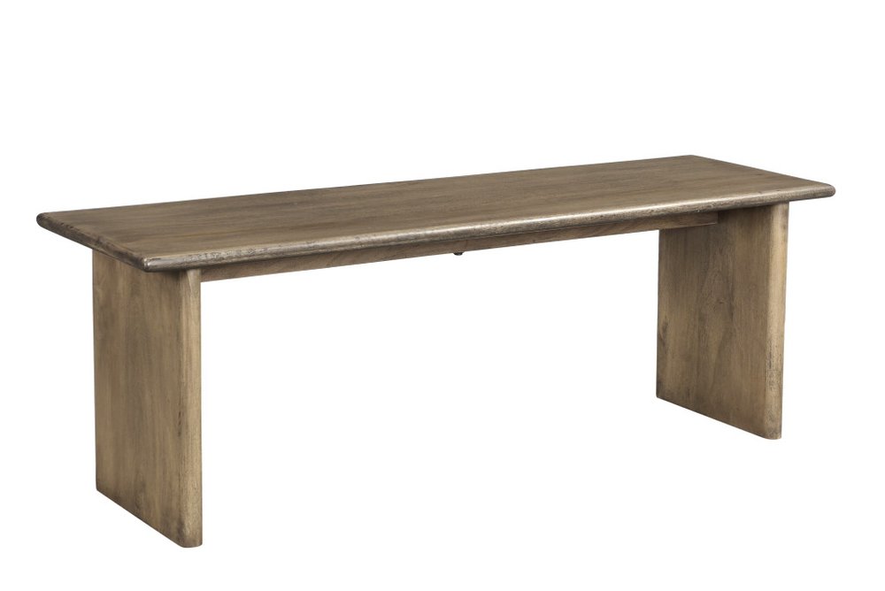 A brown solid wood dining bench with a simple, modern design against a white background.