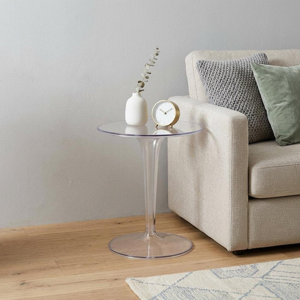 20" Clear Heavy Duty Plastic Indoor Outdoor Round Pedestal End Table. Outdoor table isolated on a plain white background, finished in clear plastic.