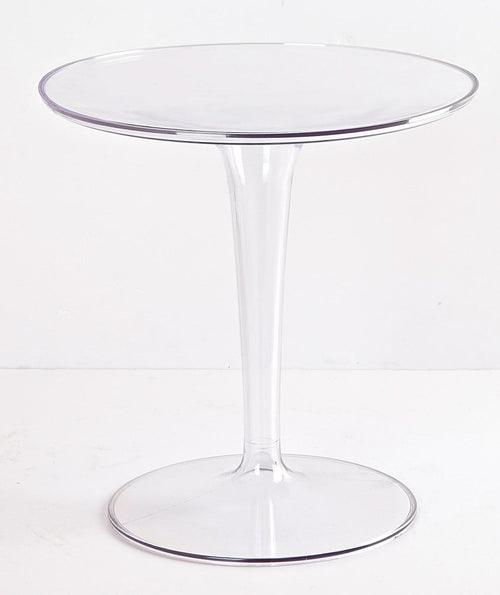 Clear round pedestal end table made of heavy-duty plastic, shown against a white background.
