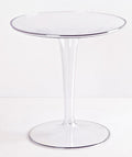 20" Clear Heavy Duty Plastic Indoor Outdoor Round Pedestal End Table. Outdoor table isolated on a plain white background, finished in clear plastic.