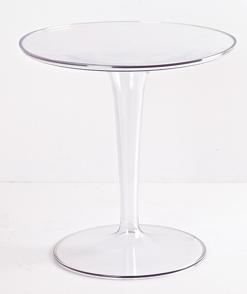 20" Clear Heavy Duty Plastic Indoor Outdoor Round Pedestal End Table. Outdoor table isolated on a plain white background, finished in clear plastic.