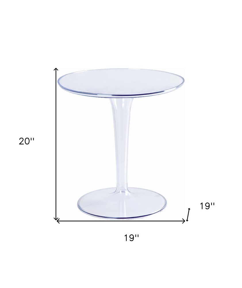 20" Clear Heavy Duty Plastic Indoor Outdoor Round Pedestal End Table. Outdoor table isolated on a plain white background, in a clear plastic finish.