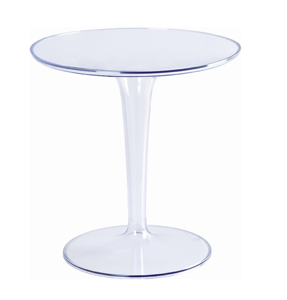 20" Clear Heavy Duty Plastic Indoor Outdoor Round Pedestal End Table. Outdoor table isolated on a plain white background, finished in clear plastic.