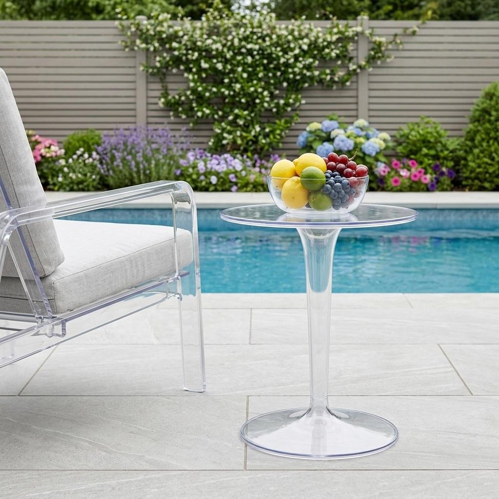 20" Clear Heavy Duty Plastic Indoor Outdoor Round Pedestal End Table shown outdoors on a patio with greenery.