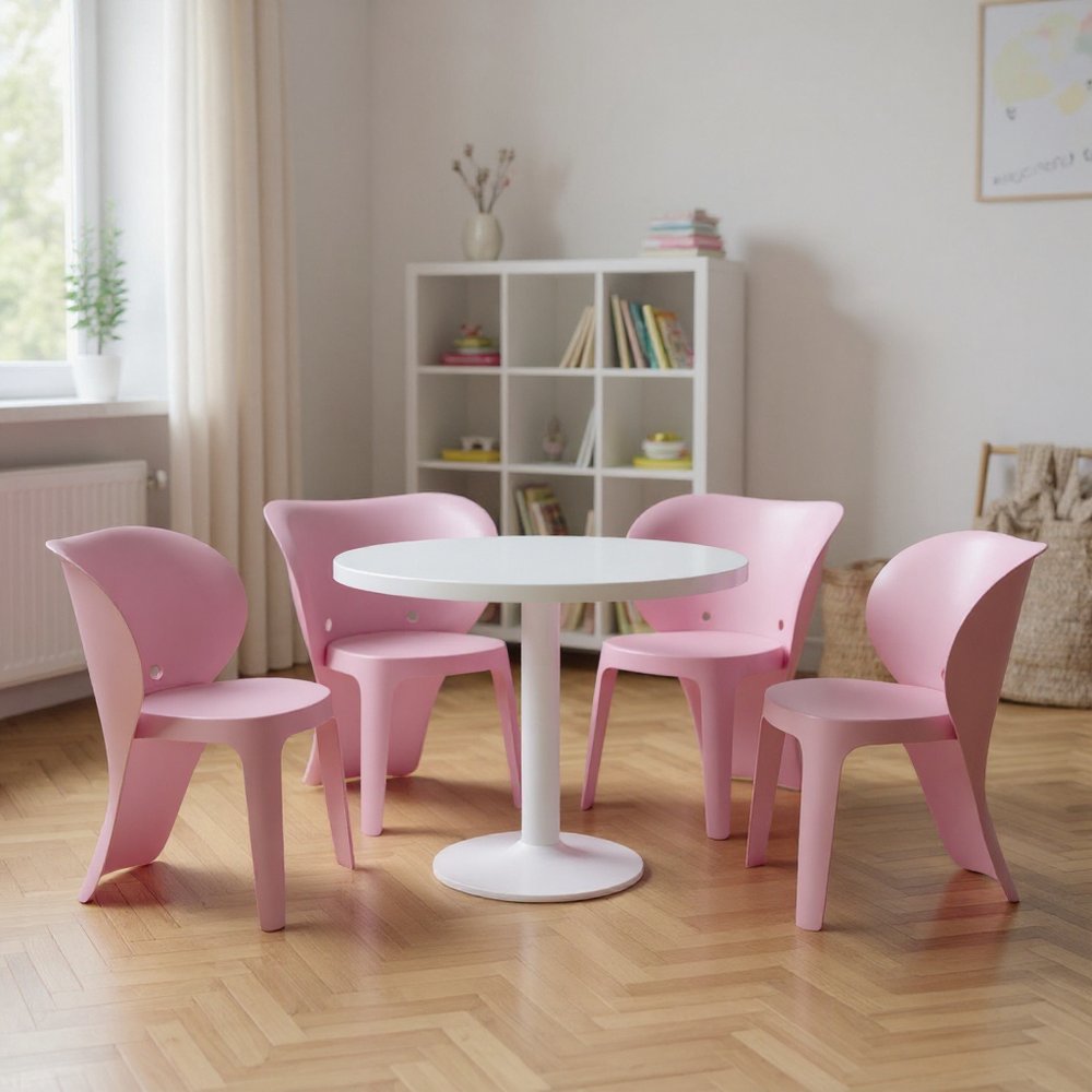 Set Of Four Pink Heavy Duty Plastic Juvenile Chairs - 21.9" H x 15.7" W x 18.9" D in a home interior