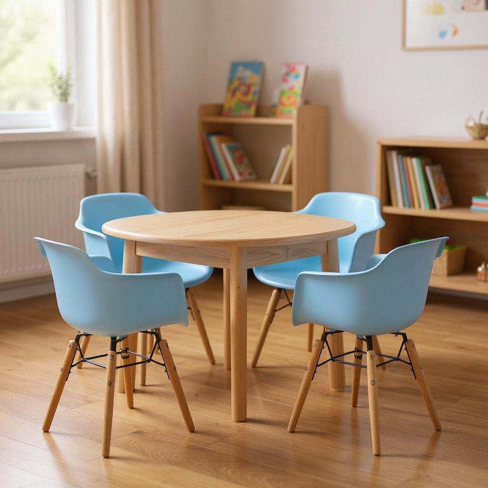 Set Of Four Blue And Brown Heavy Duty Plastic And Wood Juvenile Side Chairs in a home interior