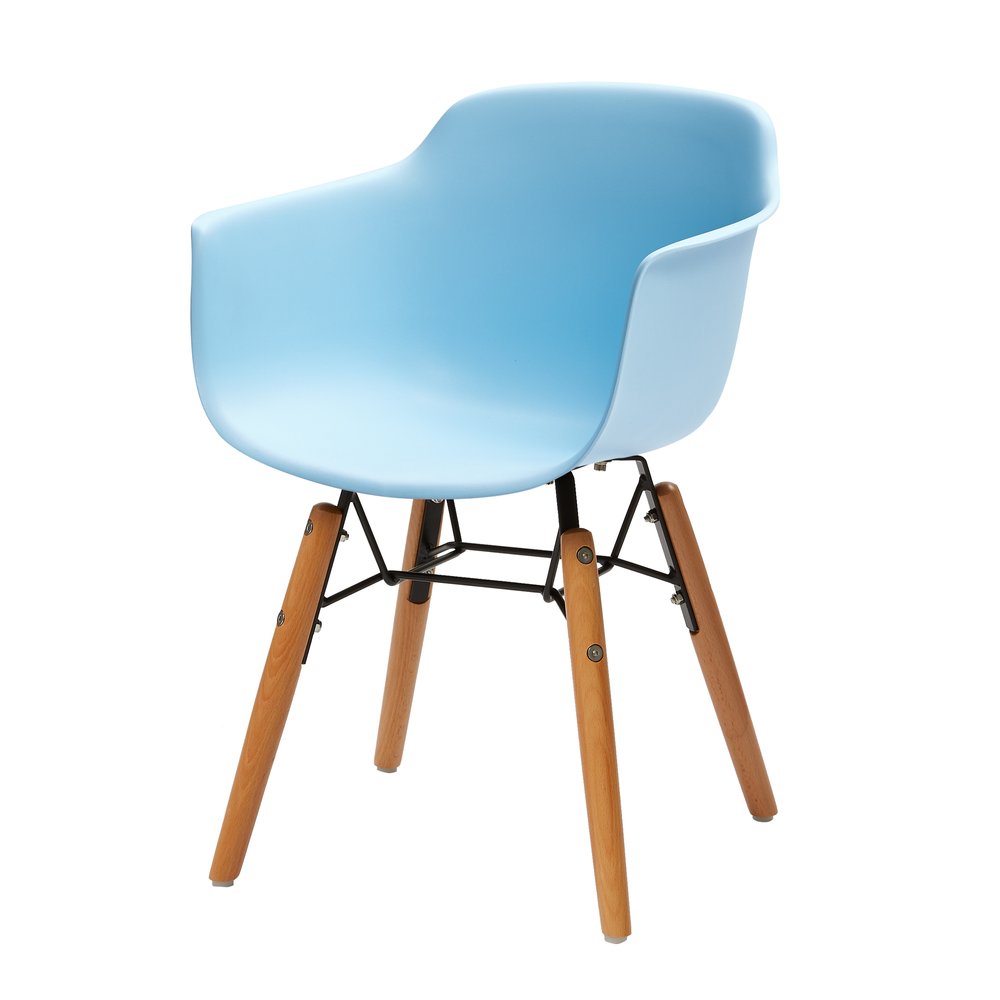 A light blue plastic juvenile side chair with wooden legs and a black metal frame on a white background.