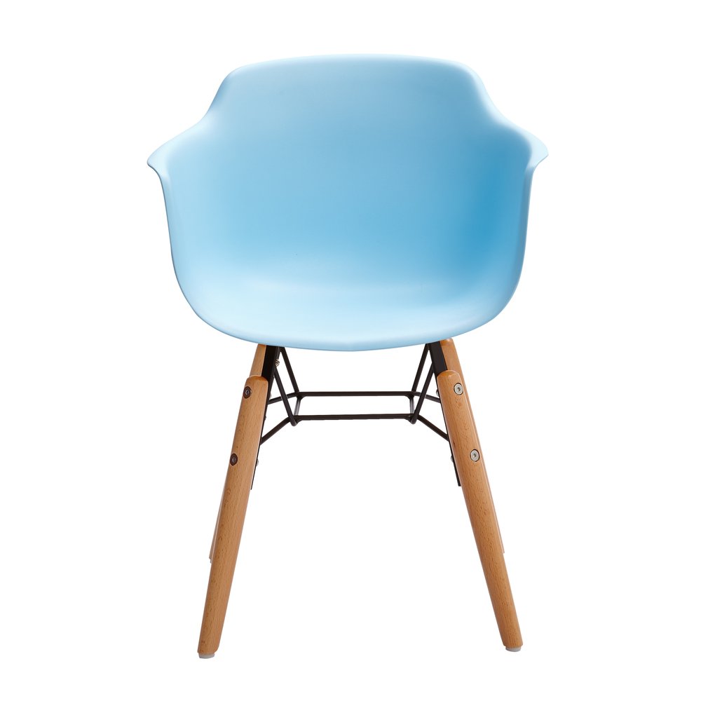 Set Of Four Blue And Brown Heavy Duty Plastic And Wood Juvenile Side Chairs on a white background