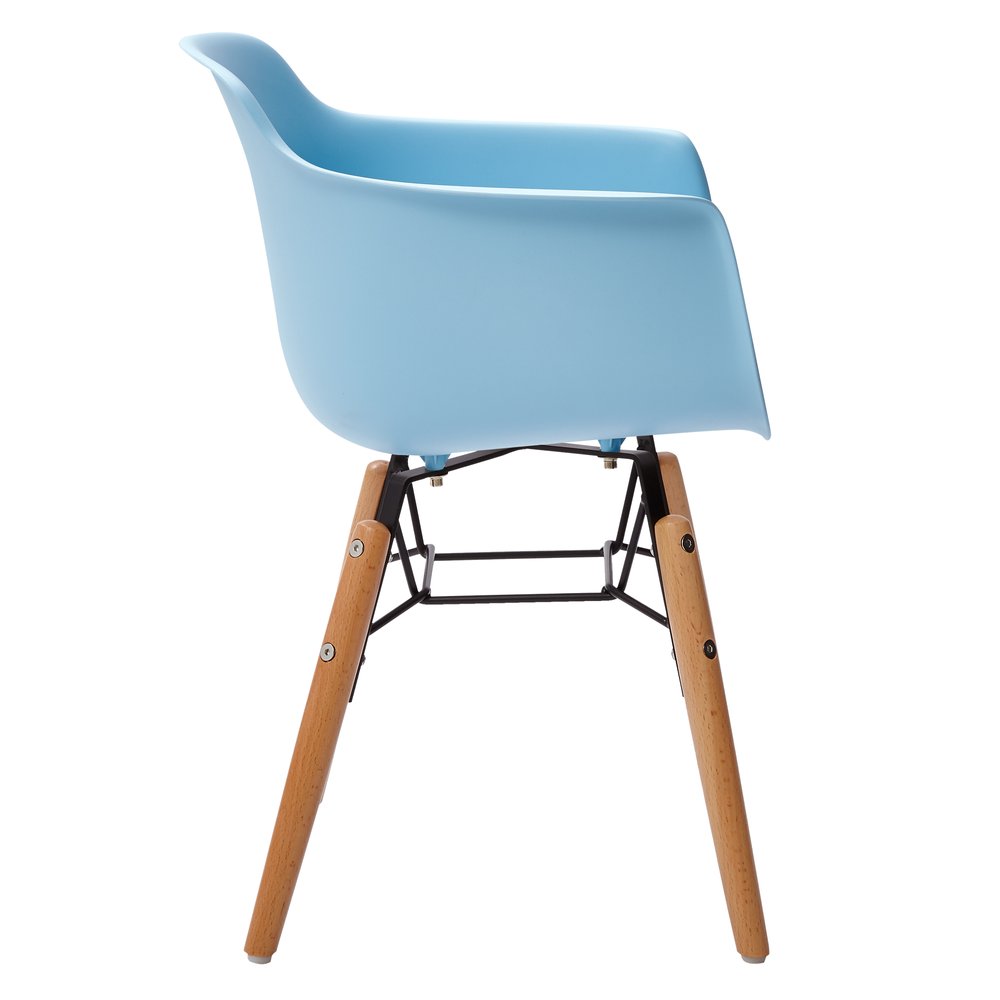 Set Of Four Blue And Brown Heavy Duty Plastic And Wood Juvenile Side Chairs on a white background