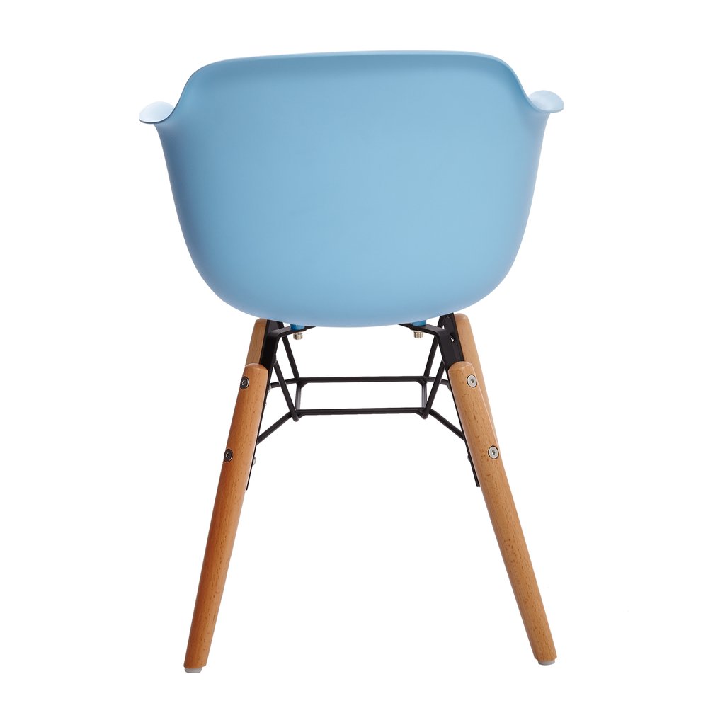 Set Of Four Blue And Brown Heavy Duty Plastic And Wood Juvenile Side Chairs on a white background