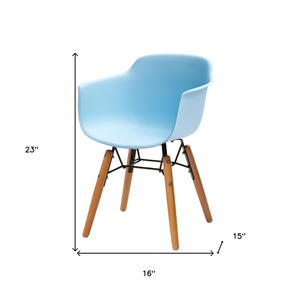 Set Of Four Blue And Brown Heavy Duty Plastic And Wood Juvenile Side Chairs on a white background