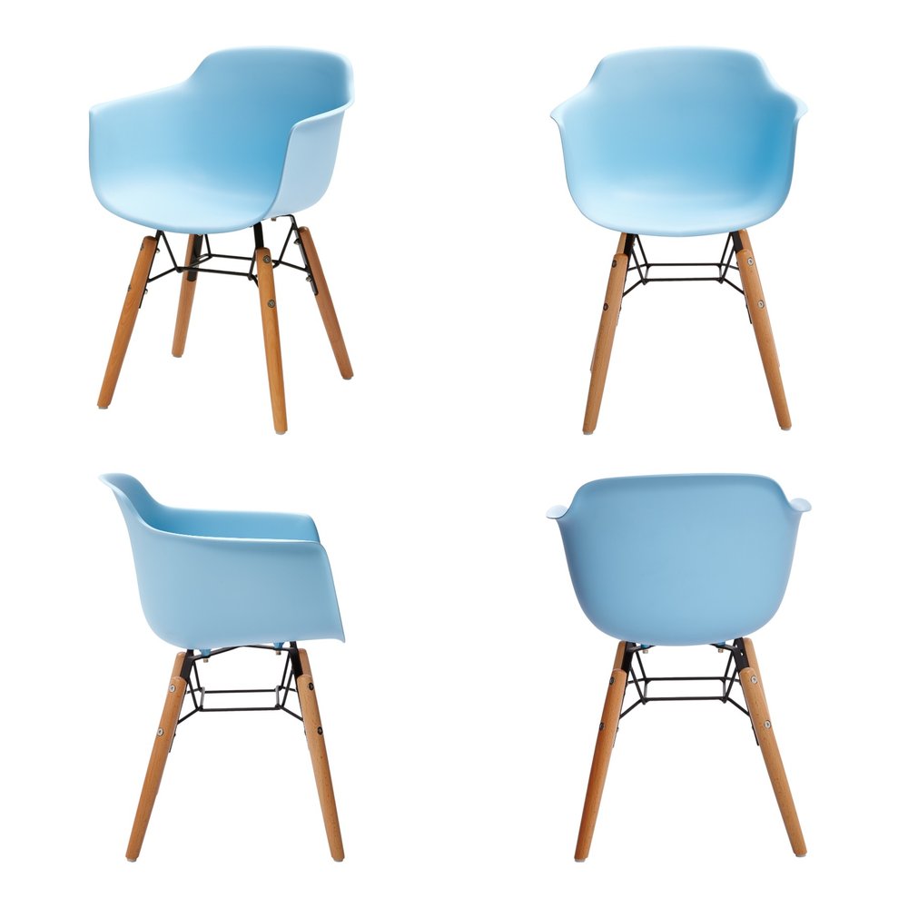 Set Of Four Blue And Brown Heavy Duty Plastic And Wood Juvenile Side Chairs on a white background