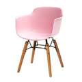 Set Of Four Pink And Brown Heavy Duty Plastic And Wood Juvenile Side Chairs on a white background