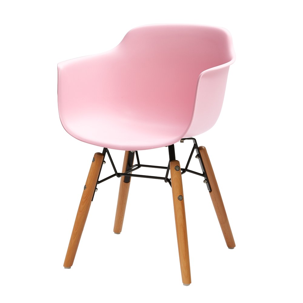 A pink plastic side chair with wooden legs and a black metal frame on a white background.