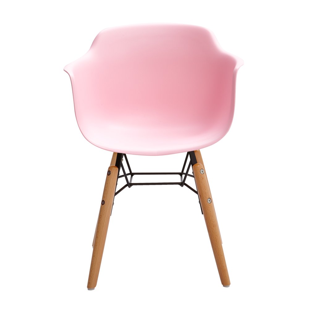 Set Of Four Pink And Brown Heavy Duty Plastic And Wood Juvenile Side Chairs on a white background