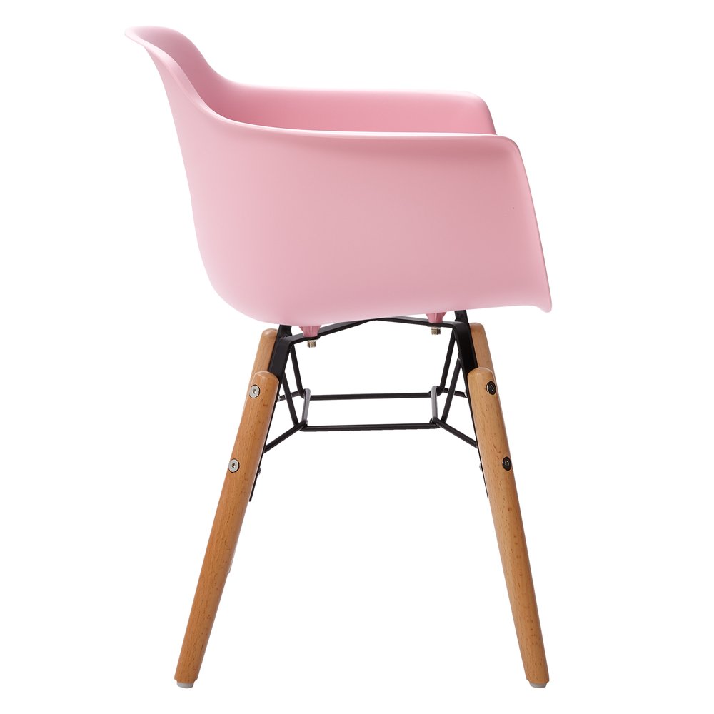 Set Of Four Pink And Brown Heavy Duty Plastic And Wood Juvenile Side Chairs on a white background