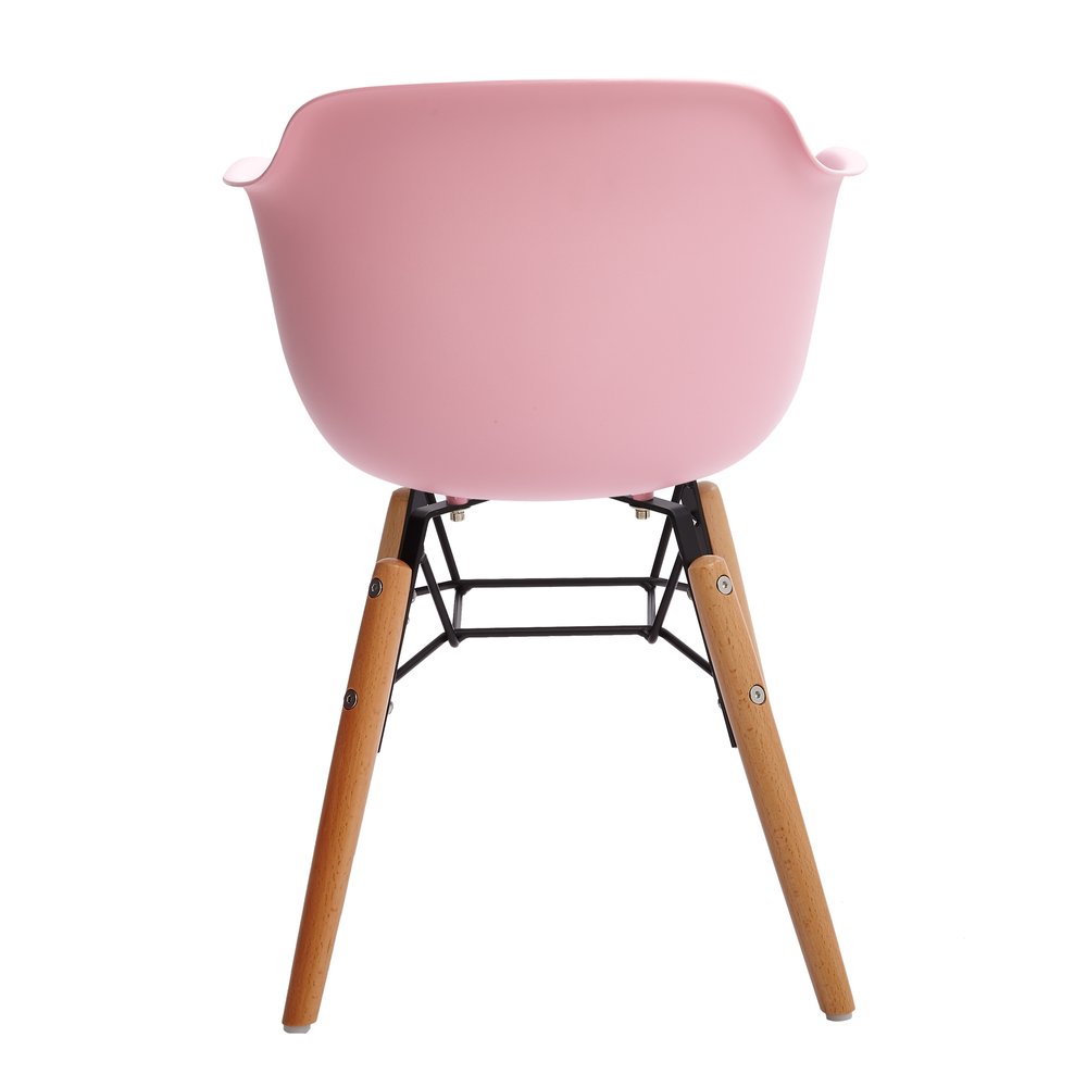 Set Of Four Pink And Brown Heavy Duty Plastic And Wood Juvenile Side Chairs on a white background