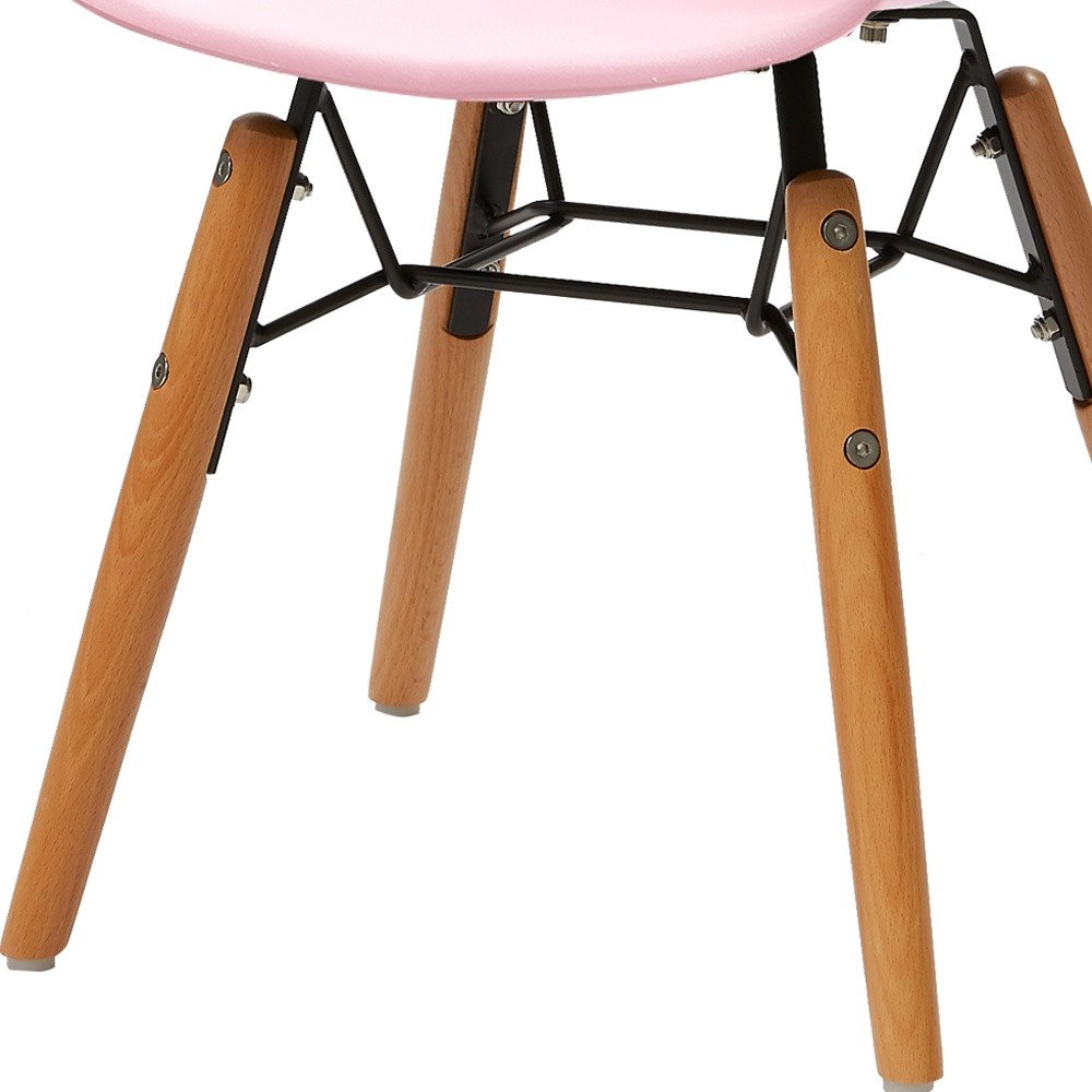 Set Of Four Pink And Brown Heavy Duty Plastic And Wood Juvenile Side Chairs on a white background