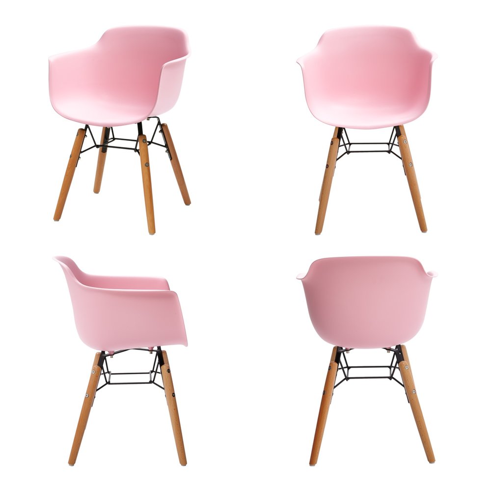 Set Of Four Pink And Brown Heavy Duty Plastic And Wood Juvenile Side Chairs on a white background
