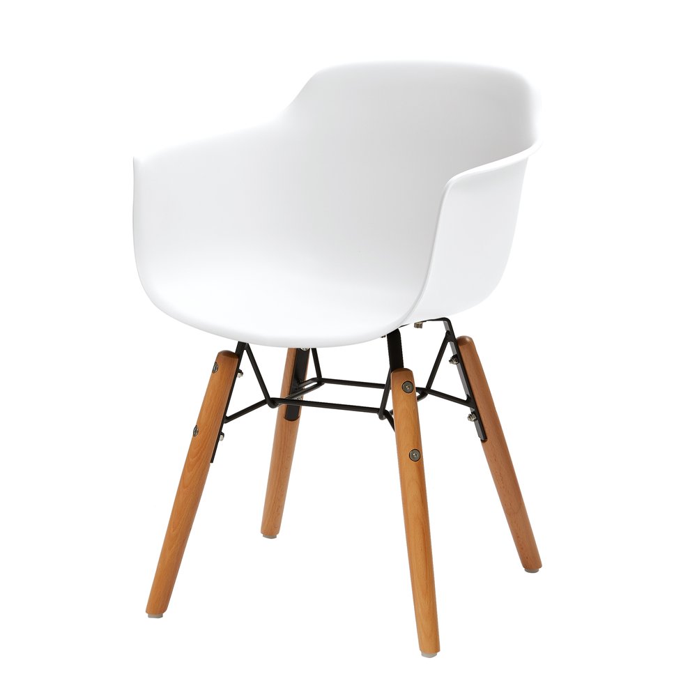 Set Of Four White And Brown Heavy Duty Plastic And Wood Juvenile Side Chairs on a white background