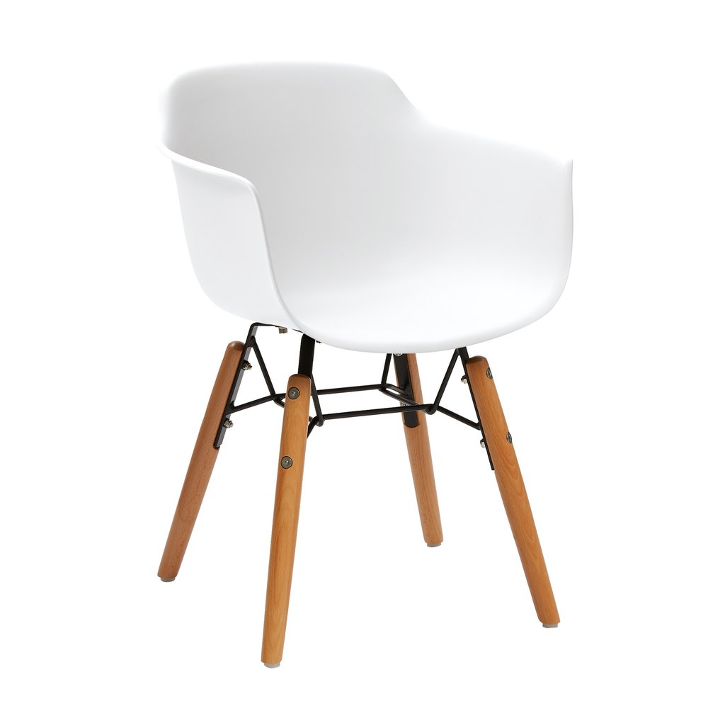 Set Of Four White And Brown Heavy Duty Plastic And Wood Juvenile Side Chairs on a white background