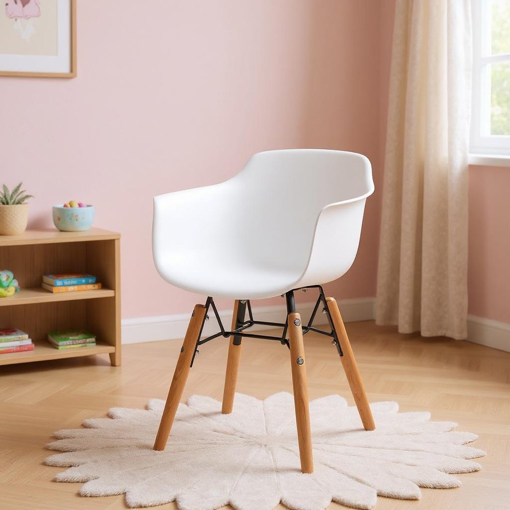 Set Of Four White And Brown Heavy Duty Plastic And Wood Juvenile Side Chairs in a home interior