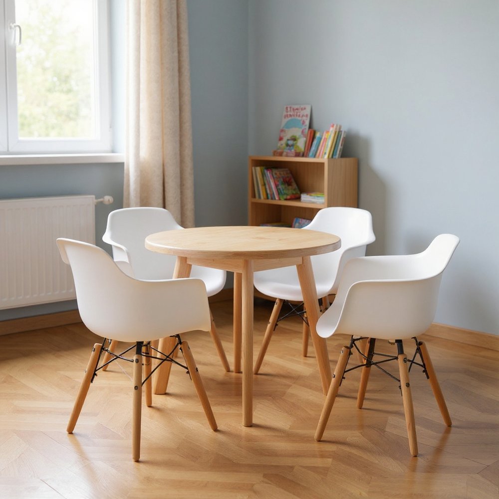 Set Of Four White And Brown Heavy Duty Plastic And Wood Juvenile Side Chairs in a home interior