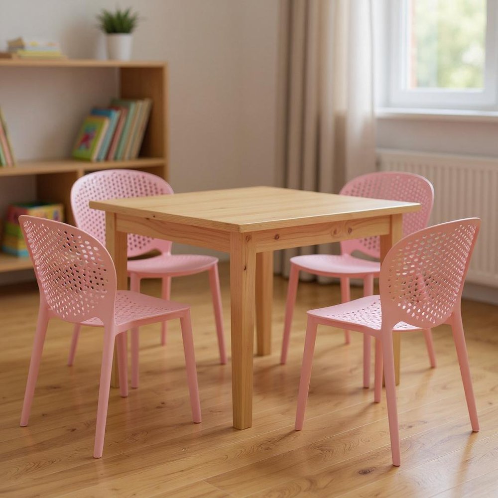 Set Of Four Pink Heavy Duty Plastic Juvenile Chairs - 23" H x 14" W x 16" D in a home interior