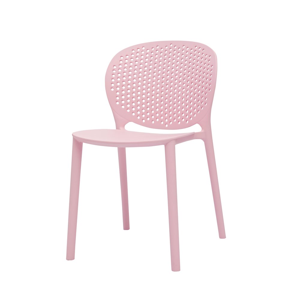 A pink plastic chair with a perforated back and four legs, isolated on a white background.
